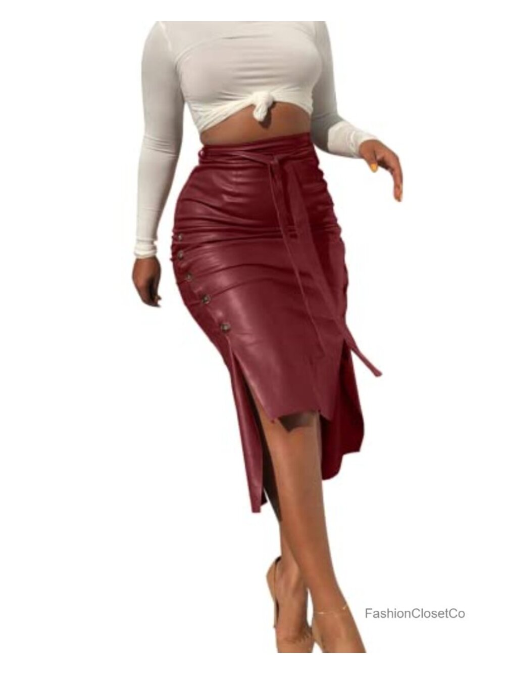 High Waisted Belted Faux Leather Pencil Midi Skirt Side Button Slit